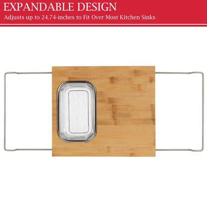 Cutting Board with Strainer - 2 in 1 Adjustable Bamboo Chopping Board with Removable Stainless Steel Colander for Over the Sink by Classic Cuisine