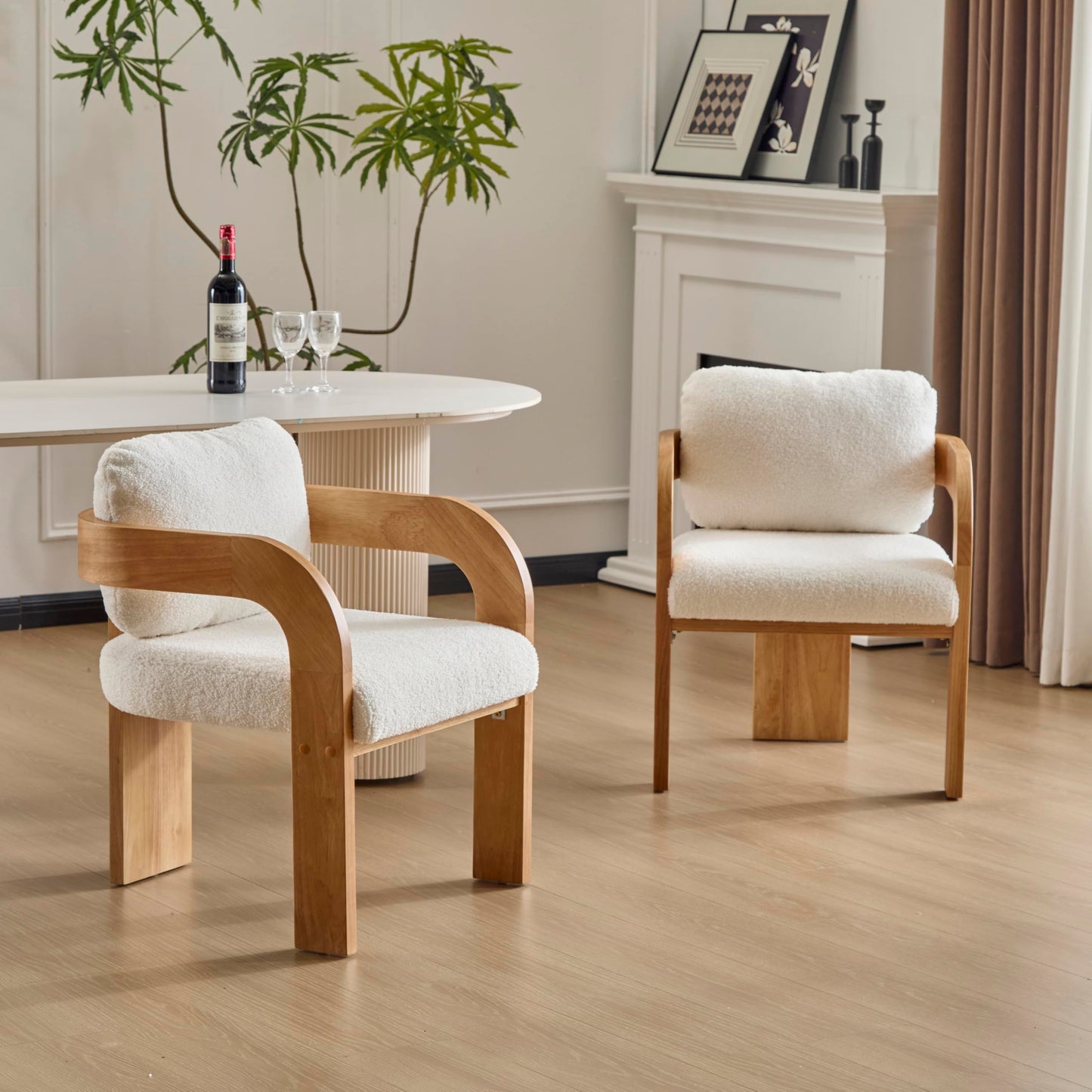 Christopher Knight Home Yorick Modern Boucle Dining Chair Set of 2 with Cushion, Solid Wood Dining Room Armchair Set, Curved Backrest Kitchen Side Chair, Living Room Comfy Extra Seat, Natural+White