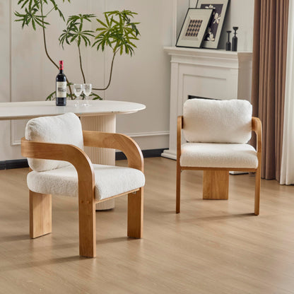 Christopher Knight Home Yorick Modern Boucle Dining Chair Set of 2 with Cushion, Solid Wood Dining Room Armchair Set, Curved Backrest Kitchen Side Chair, Living Room Comfy Extra Seat, Natural+White