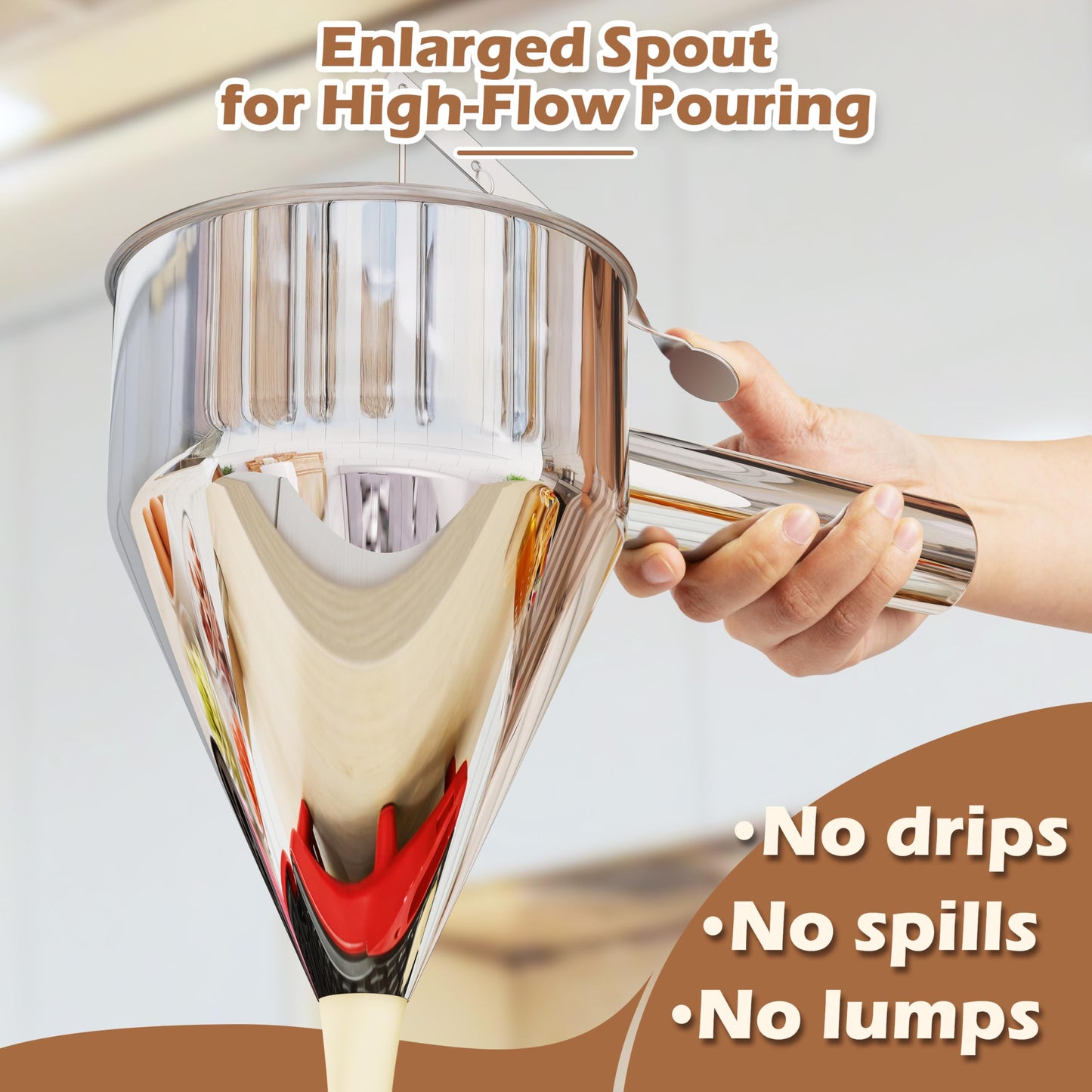 EgieMr Pancake Batter Dispenser, Pancake Dispenser with 0.8 in Large Spout, Easy-Pour Cake Batter Funnel for Thick Mix with Fruits or Chocolate Chips, Stainless Steel Funnel for Home and Kitchen