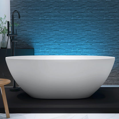 MEDUNJESS 61'' Resin Stone Soaking Bathtub Oval Solid Surface Freestanding Soaking Bathtubs Matte White Soaking Tub with Overflow and Pop up Drain - White