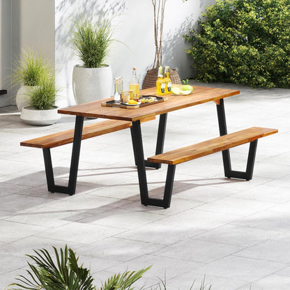 S AFSTAR 70" Outdoor Picnic Table, Heavy Duty Wooden Table and Bench Set with Umbrella Hole, All-Weather Acacia Wood Picnic Tables for 6, Garden, Backyard, Porch, Patio