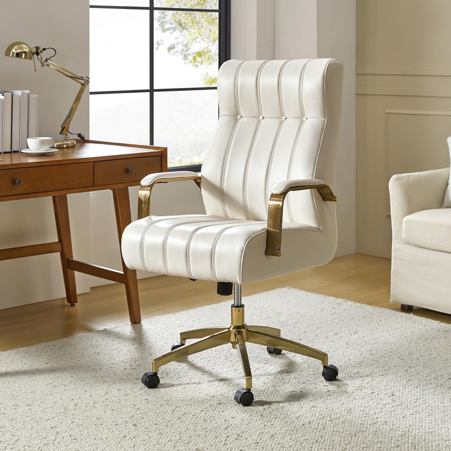HULALA HOME Modern Executive Office Chair, Faux Leather Tufted Ergonomic Desk Chair with Gold Plated Base & Armrests, 360° Swivel Adjustable Height Tilt Home Office Chair for Work/Study