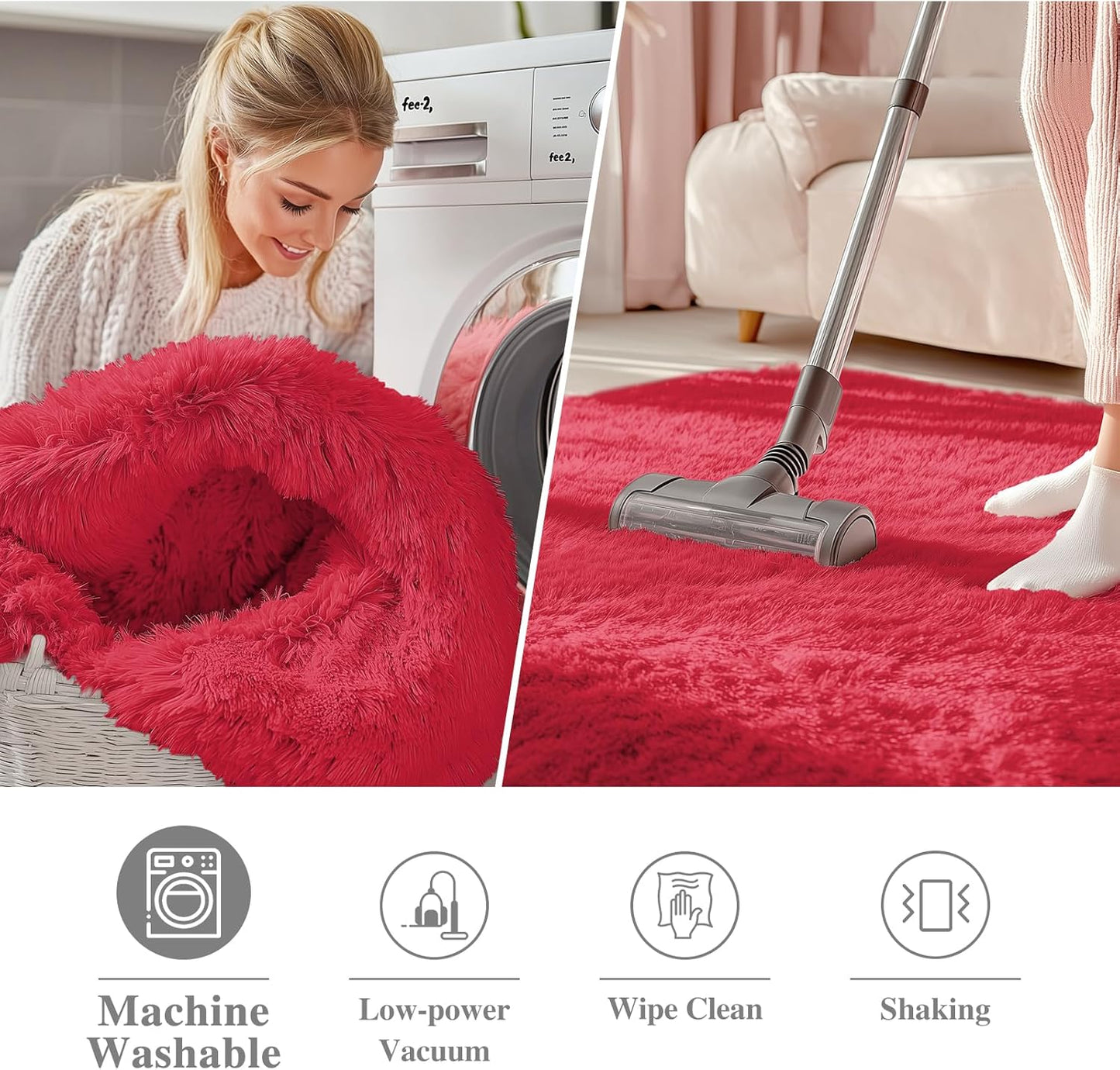 OLANLY Red Round Area Rug - Soft, Fluffy, Machine Washable 2 ft Circle Carpet for Bedroom & Living Room Decor