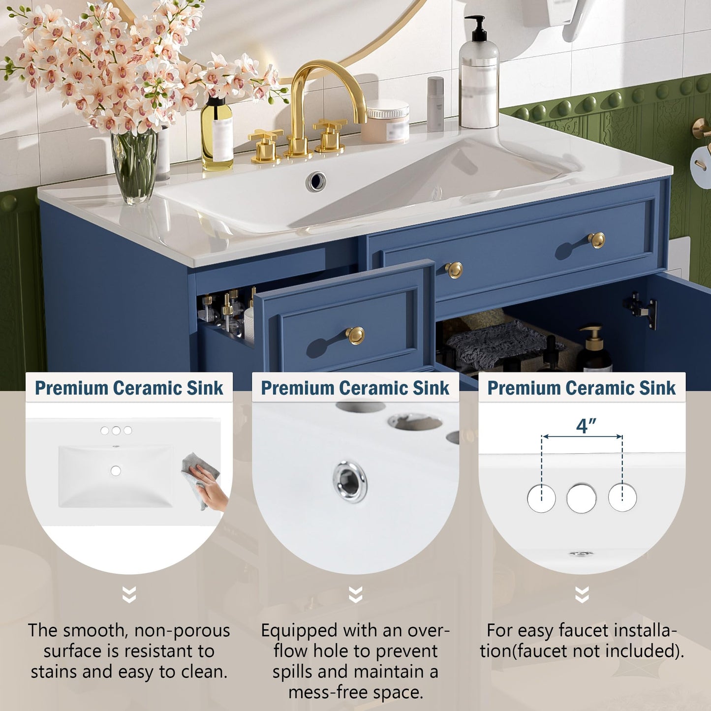 Favfurish 36" Bathroom Vanity with Ceramic Sink Combo,Free Standing Cabinet with Double-Layer Drawers and 3 Drawers,Solid Wood Bathroom Storage with Soft Close Doors,Adjustable Shelf,Modern,Blue