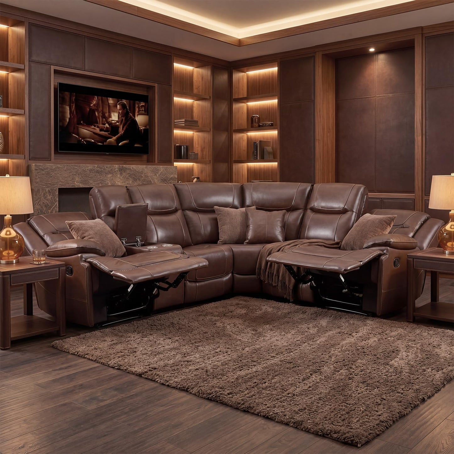 EBELLO Genuine Leather Recliner Sectional Sofa Set, Manual Reclining Corner Couches with Storage Console and Hidden Cup Holders, Extra Wide Footrest for House/Living Room, Brown