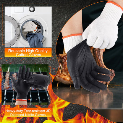 ANBOSON BBQ Gloves for Grilling Disposable Heat Resistant - 100 Nitrile Gloves + 4 Reusable Cotton Liners for Barbecue Smoker, Cooking Hot Meat - 10Mil Thick, Non-Slip Grip - Black Large