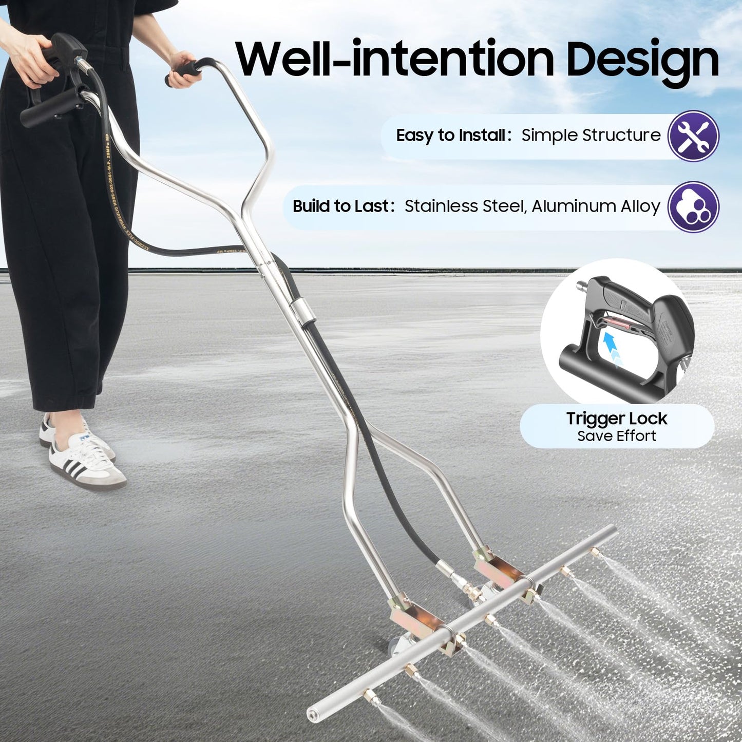 Pressure Washer Water Broom with 7 Nozzles, Stainless Steel, 39x63 Inch, 5000psi, 3/8'' Universal Interface