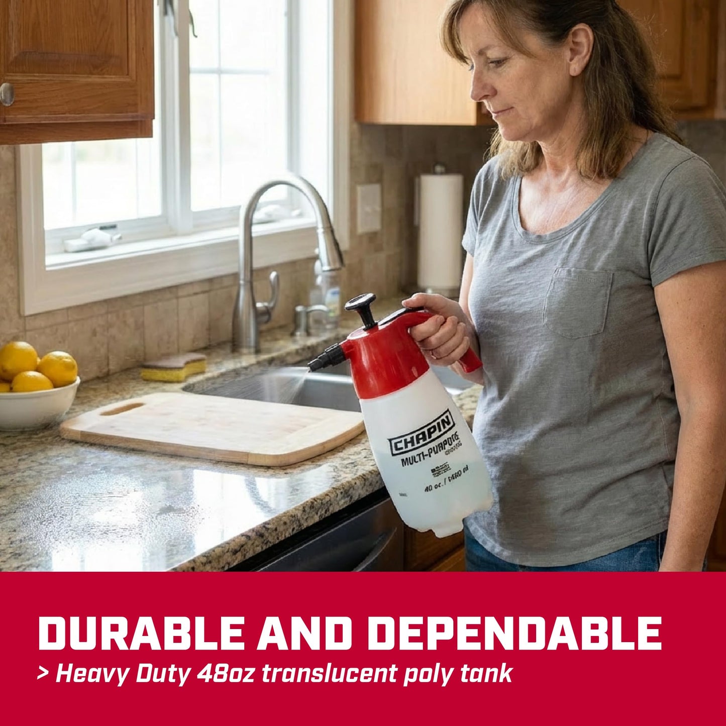 Chapin 1002 Handheld Pump Sprayer, 48oz, Multi‑Purpose, Lawn & Garden, Translucent Poly Tank, Wide‑Mouth Opening, Adjustable Cone Nozzle & Anti‑Clog Filter for Weed, Fertilizer & Pest Applications