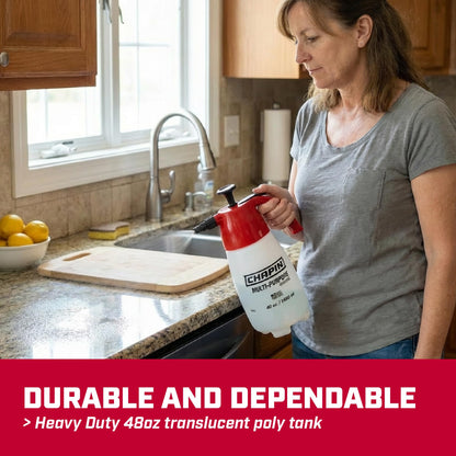 Chapin 1002 Handheld Pump Sprayer, 48oz, Multi‑Purpose, Lawn & Garden, Translucent Poly Tank, Wide‑Mouth Opening, Adjustable Cone Nozzle & Anti‑Clog Filter for Weed, Fertilizer & Pest Applications