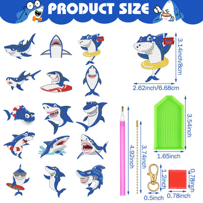 Henoyso 15 Pcs 5D Diamond Painting Keychains DIY Shark Diamond Art Keychain Kit for Kids Boys Girls Adult Mosaic Full Drill Pendant Phone Charm Bag Pendant Accessory Arts Crafts