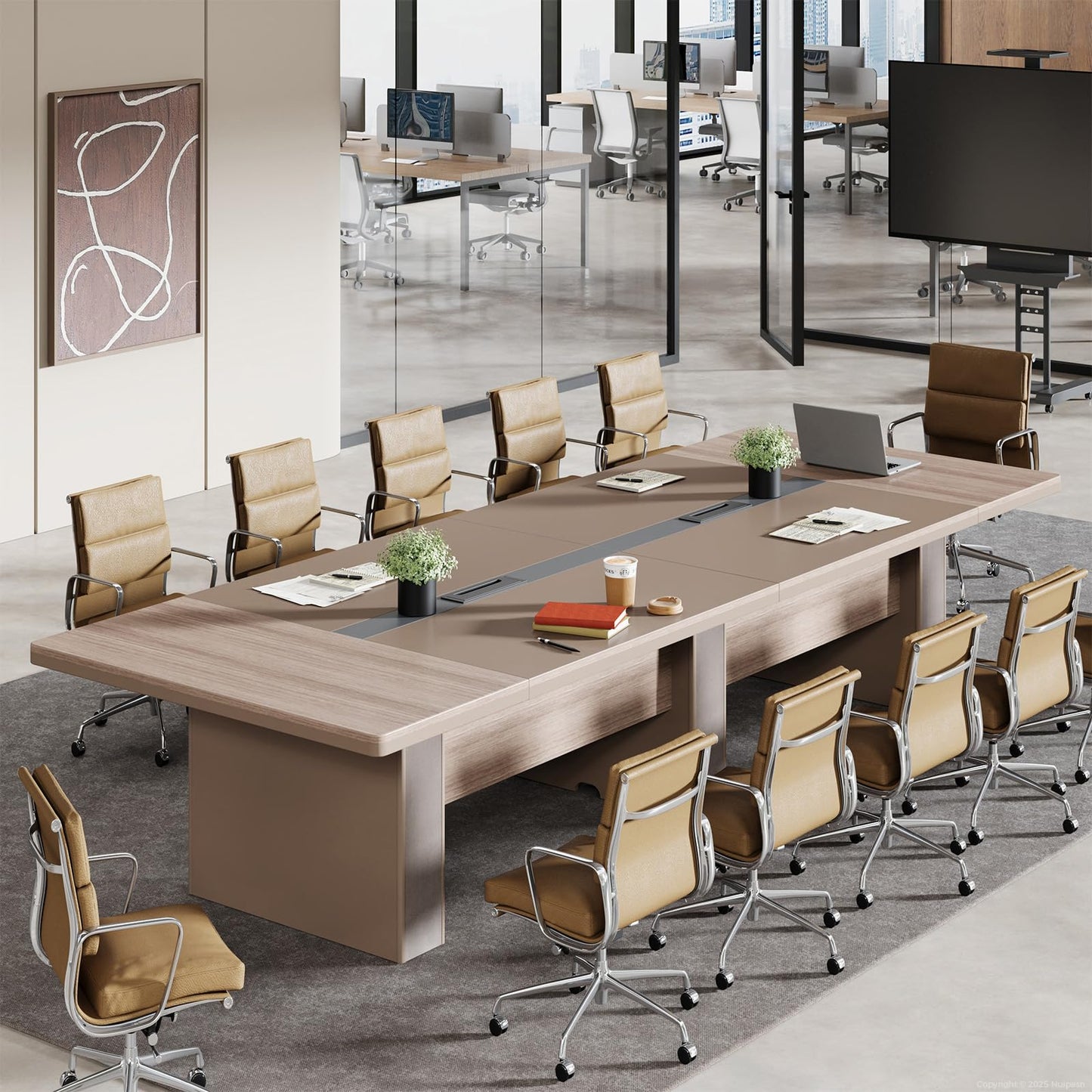 Nuipesn 12-ft Rectangular Conference Table, 142" × 51" Extra Wide Boardroom Table for 12-14 People, Dual Cable Grommets, 1.6" Thick Top, Light Oak & Gray