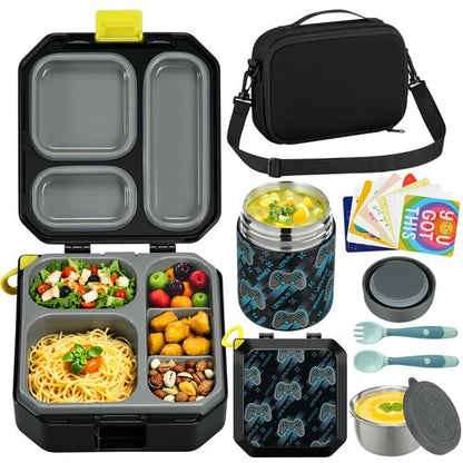 Itslife Bento Lunch Box Set for Kids with 12oz Soup Thermo&Lunch Bag, Leak-Proof Lunch Food Containers for Kids School, 5 Compartment, Sauce Cup, 10 Notes (Gaming Black)