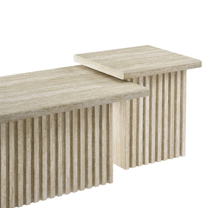 Modway Render Faux Travertine Slatted Nesting Coffee Table Set in Travertine - 2 Piece Low Profile Coffee Table Mid Century Modern - Abstract Coffee Tables for Living Room - Nested Accent Tables