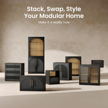 ModernMate Set of 2 Accent Sideboard Cabinets, 62" Modular Storage Buffet Table with Acrylic View Doors, Black Wood Grain Media Console with Soft-Close Hinges for Living Room, Dining Room