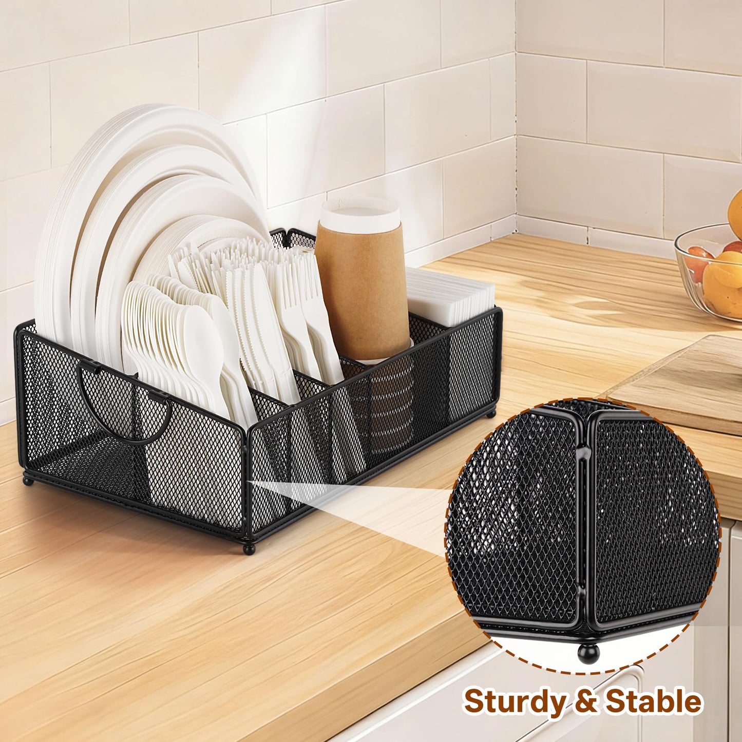 Cairondin Large Paper Plate and Silverware Caddy for Countertop Party Picnic Camping, Plastic Cutlery Holder Organizer for Disposable Plate Cup Flatware Utensil Napkin, Black