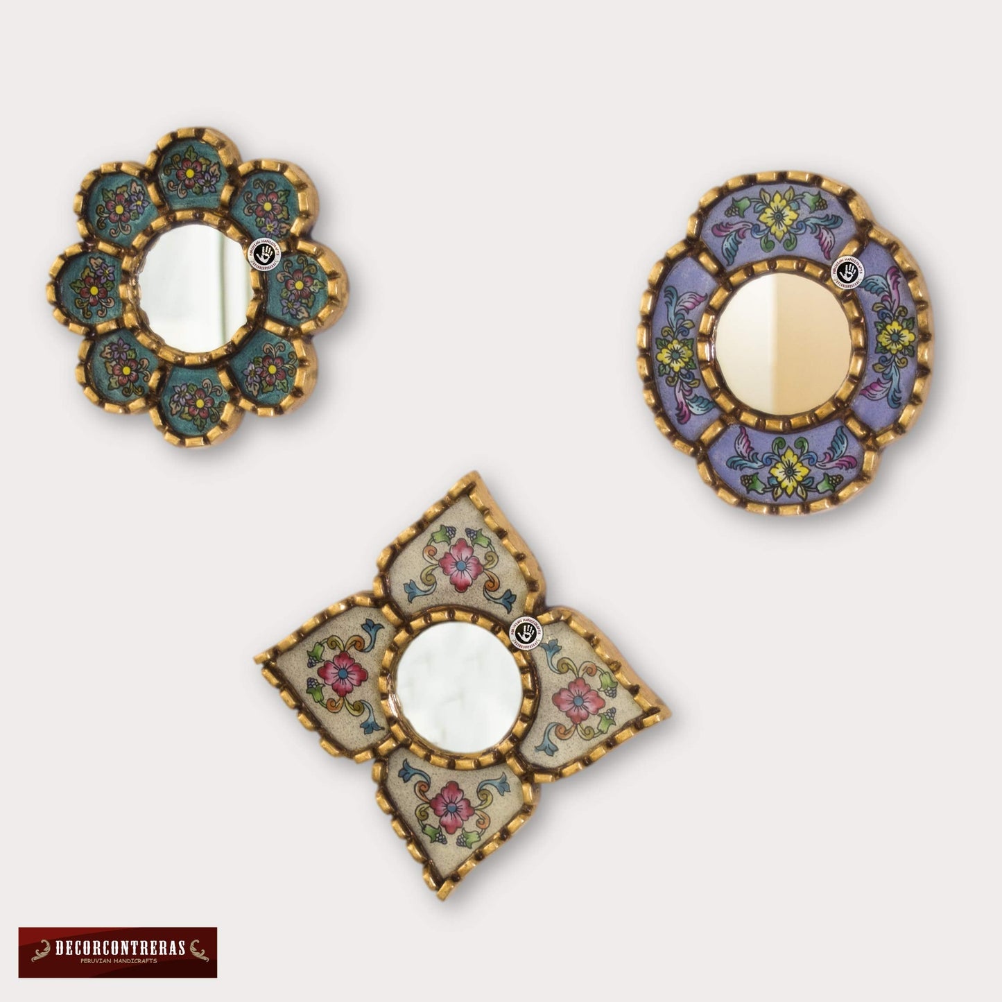 DECORCONTRERAS Artisan Handcrafted Wall Mirror Set, 3 Floral Shape Mirrors, Bronze Finish Frame, Turquoise Purple Beige Glass