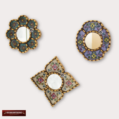 DECORCONTRERAS Artisan Handcrafted Wall Mirror Set, 3 Floral Shape Mirrors, Bronze Finish Frame, Turquoise Purple Beige Glass