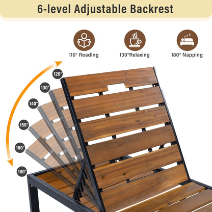 ApilithHive Outdoor Chaise Lounge with 6-Position Adjustable Backrest, Acacia Wood and Steel Frame, 78.7", 400 lbs Capacity, Black+Natural