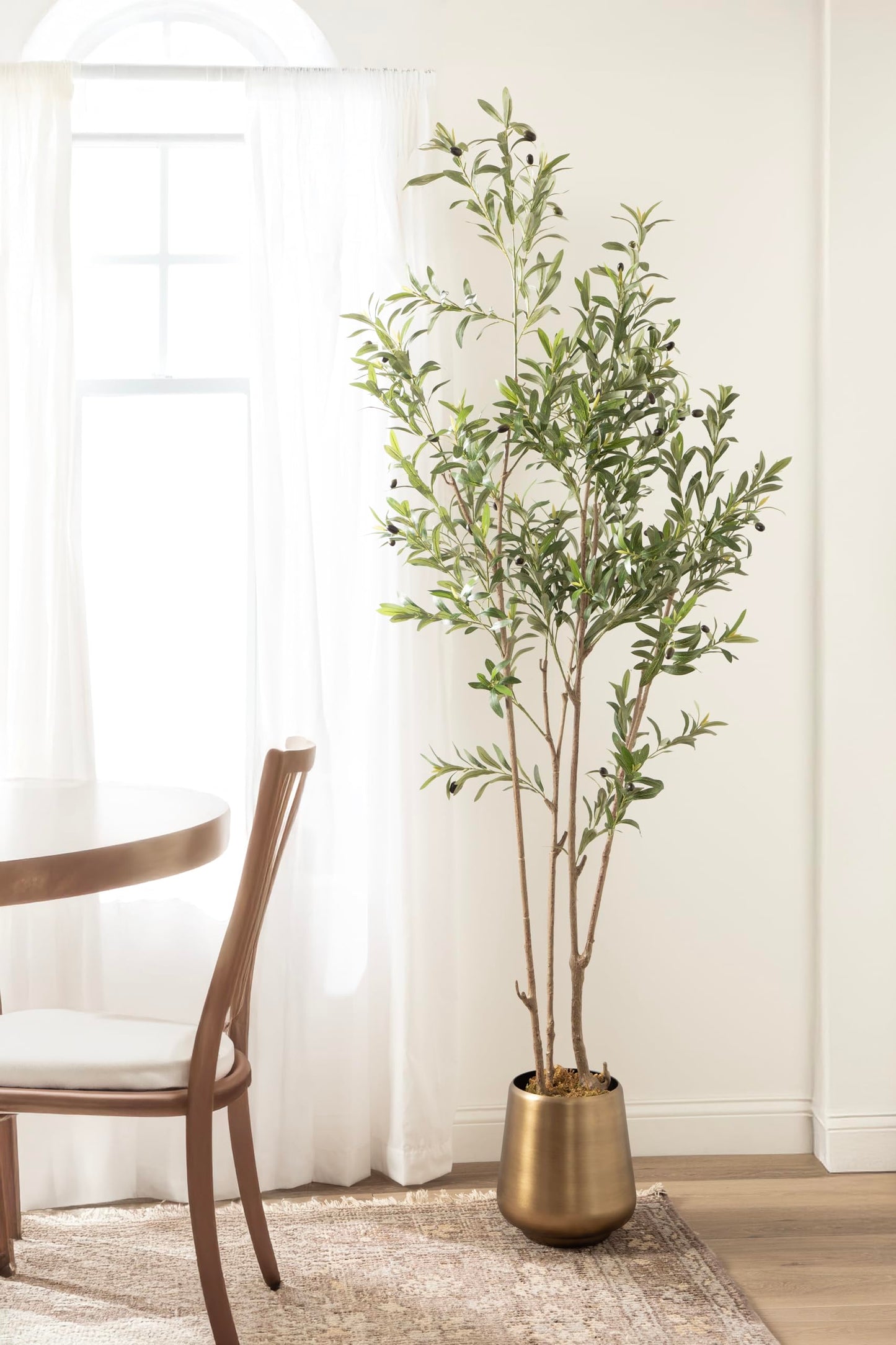 Kate and Laurel Oliveira Faux Olive Tree with Portell Metal Planter Pot, 7 FT, Gold, Potted Artificial Olive Plant Tree with Realistic Foliage and Added Moss, Fake Plant Living Room Decor