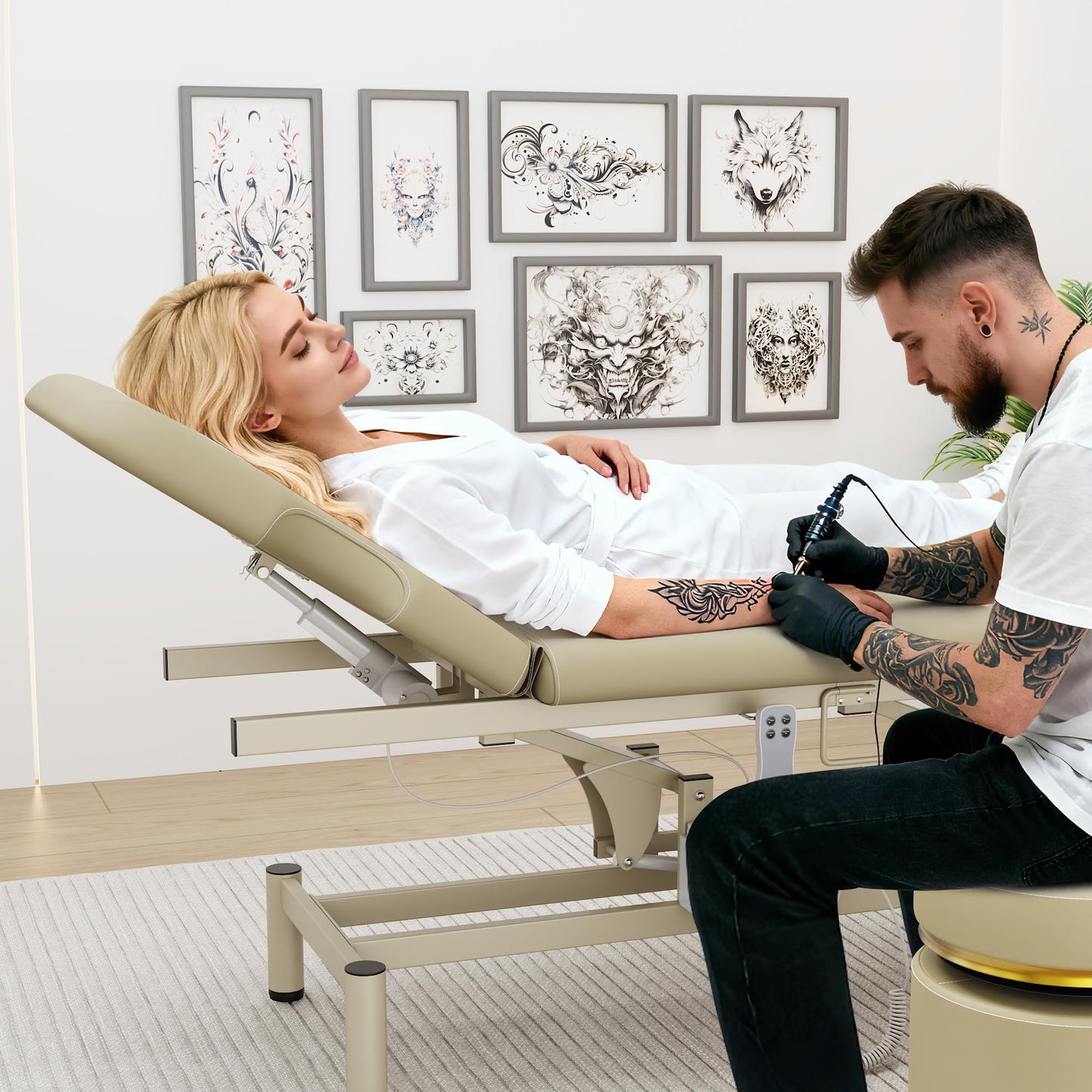 Dolonm 2 Motors Electric Massage Table, Hydraulic Electric Lift Adjustable Backrest and Height Lifting for Treatment, Physical Therapy, Spinal Massage, Facial Spa, Waxing, Tattooing - Beige Gray