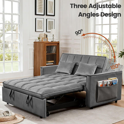 Trygoal 3 in 1 Convertible Sofa Bed, Love Seat Sleeper Bed with Side Pockets, Velvet Fabric Pull Out Couch with Adjustable Backrest for Living Room, Bedroom, Gray Apartment, Gray