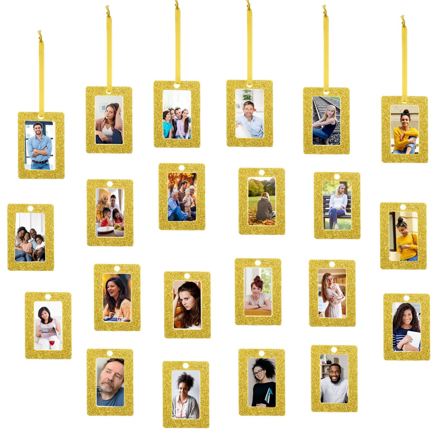 Queekay 48 Pieces Christmas Photo Ornament Frames 2 x 3 Inch Hanging Picture Xmas Gifts Glitter Mini Frames with Ribbon DIY Crafts Hanging on Christmas Trees Easter Wedding Decorations(Gold)