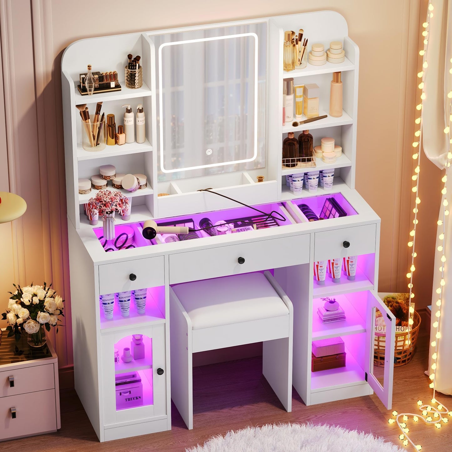 Merax 43.2" Vanity Desk with Mirror and Lights, Glass Top Vanity with RGB Glass Light Cabinets, Dressing Table with 3 Drawers, Storage Shelves and Stool