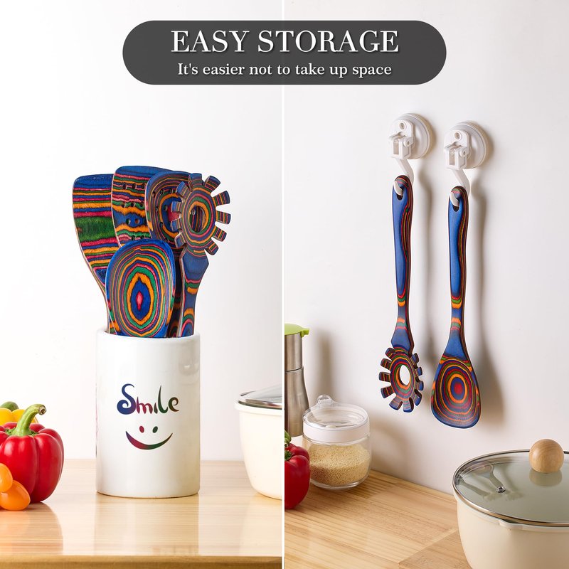 YUTFUBG Heat-Resistant Wood Cooking Utensils - 7pc Set, Eco-Friendly, Includes Spatula, Pasta & Slotted Spoons, Essential Kitchen Tool