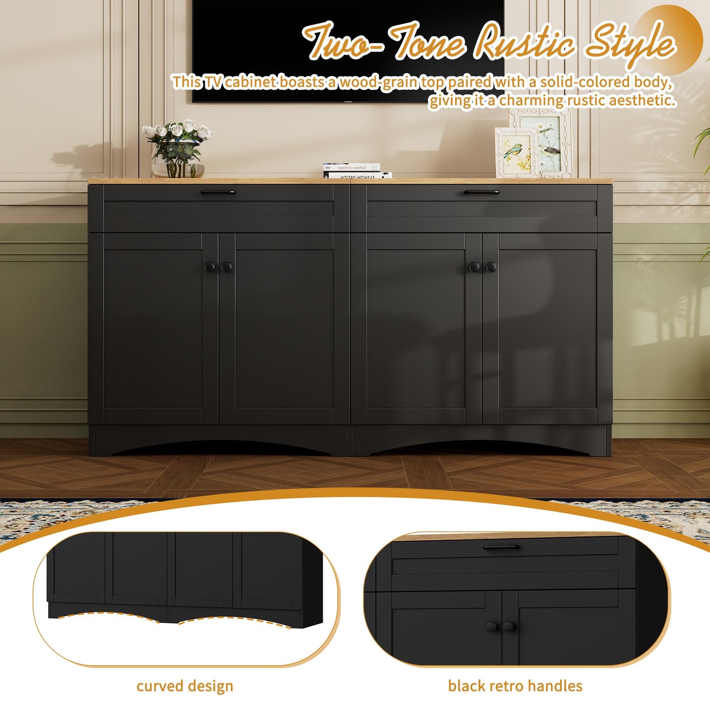 Ball & Cast Farmhouse TV Stand with 2 Drawers for TVs up to 70",Wood Grain Sideboard Buffet Cabinet w/Rustic Handles and Adjustable Shelf,Entertainment Center for Living Room,Bedroom,Black