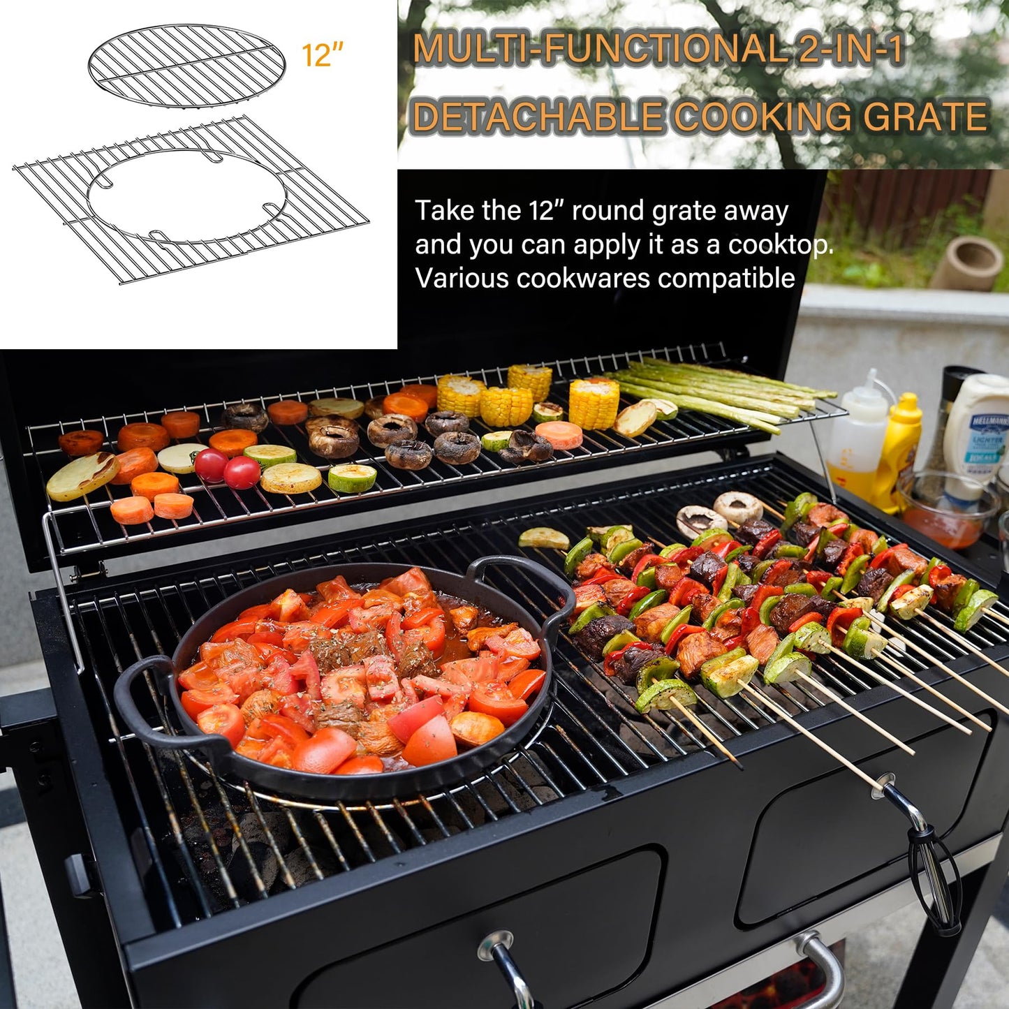 ONLYFIRE GRILLS Large BBQ Charcoal Grill with Cart & 2 Liftable Charcoal Trays, 794 SQ.IN Cooking Area, Heavy Duty Outdoor Barbecue Grill with Foldable Side Tables, Wheels & Cover, GS339