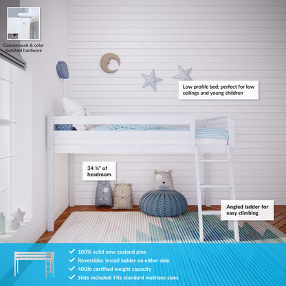 Max & Lily Low Loft Bed, Twin Bed Frame For Kids, White