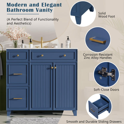 Favfurish 36" Bathroom Vanity with Ceramic Sink Combo,Free Standing Cabinet with Double-Layer Drawers and 3 Drawers,Solid Wood Bathroom Storage with Soft Close Doors,Adjustable Shelf,Modern,Blue