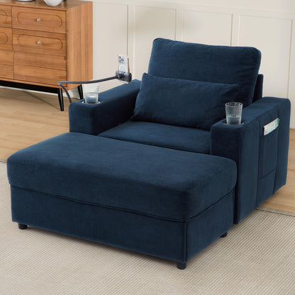 Merax Modern Oversized Chaise Longue Chair with Movable Storage Ottoman, 2 USB Ports, 2 Cup Holders, a Phone Holder, Side Pockets, 42.5" Reclining Chair for Living Room, Bedroom, Blue