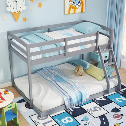 Giantex Twin Over Full Bunk Bed, Solid Wood Kids Bunk Bed with Full-Length Guardrails & Ladder, Low Bunk Beds with Slats Support for Kids, Teens, No Box Spring Needed, Grey