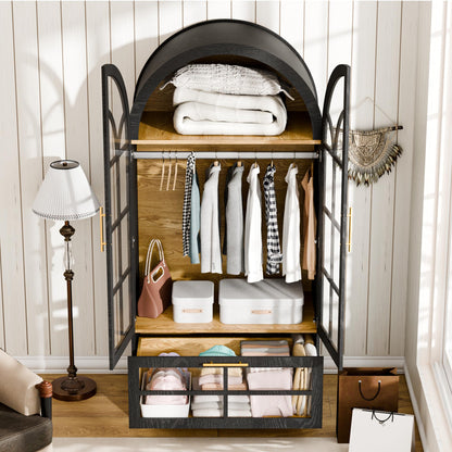 Topcomfy Armoire Wardrobe Closet with Drawer, 71”Tall Arched Wardrobe Cabinet with Hanging Rod&Glass Door – Wooden Freestanding Clothing Storage Cabinet Closet Organizer for Bedroom, Entryway or Dorm