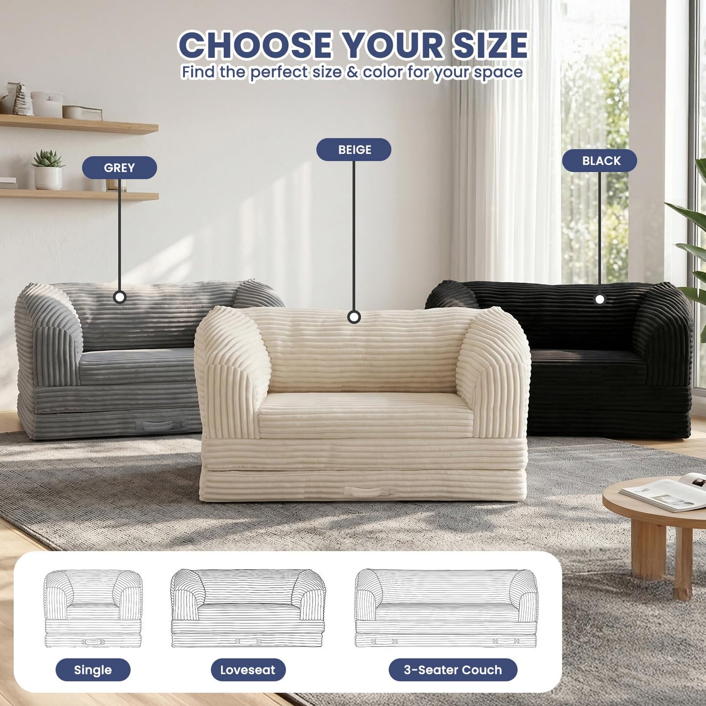 AOLVDOW Loveseat 51 inch, 2-in-1 Convertible Tri-Folding Sofa Bed with Thick Backrest & Carry Handle, Gray Foldable Couch Bed Lounger Sleeper Sofa for Living Room, Guest Room, Soft Corduroy