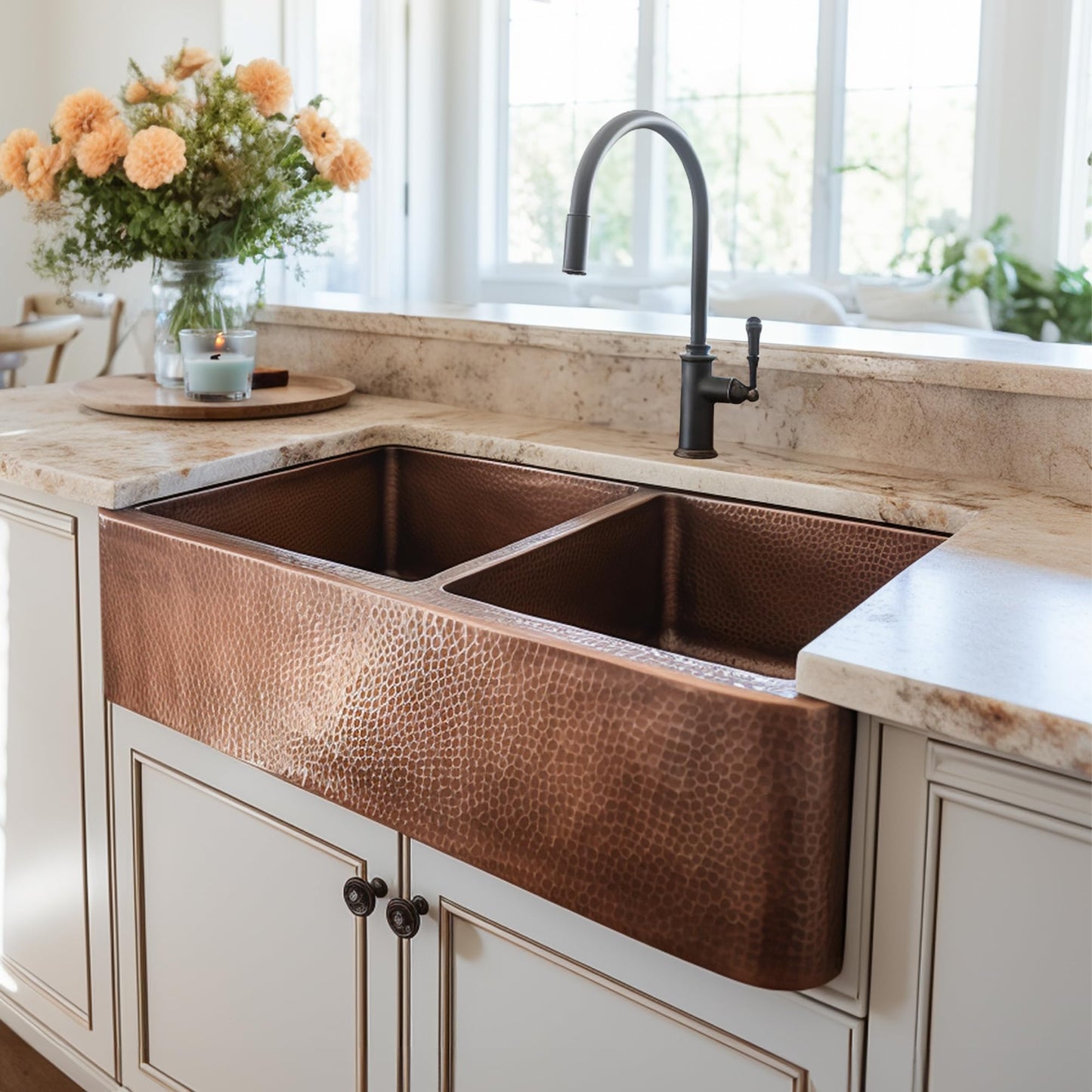 Sinkology Lange 32 Inch Farmhouse Sink - Handcrafted Solid Copper Apron Front Double Bowl Farm Sink for Kitchen, Antique Copper Finish, Fits 36 Inch Cabinet, Complete Kit, Sinkology Everyday Warranty