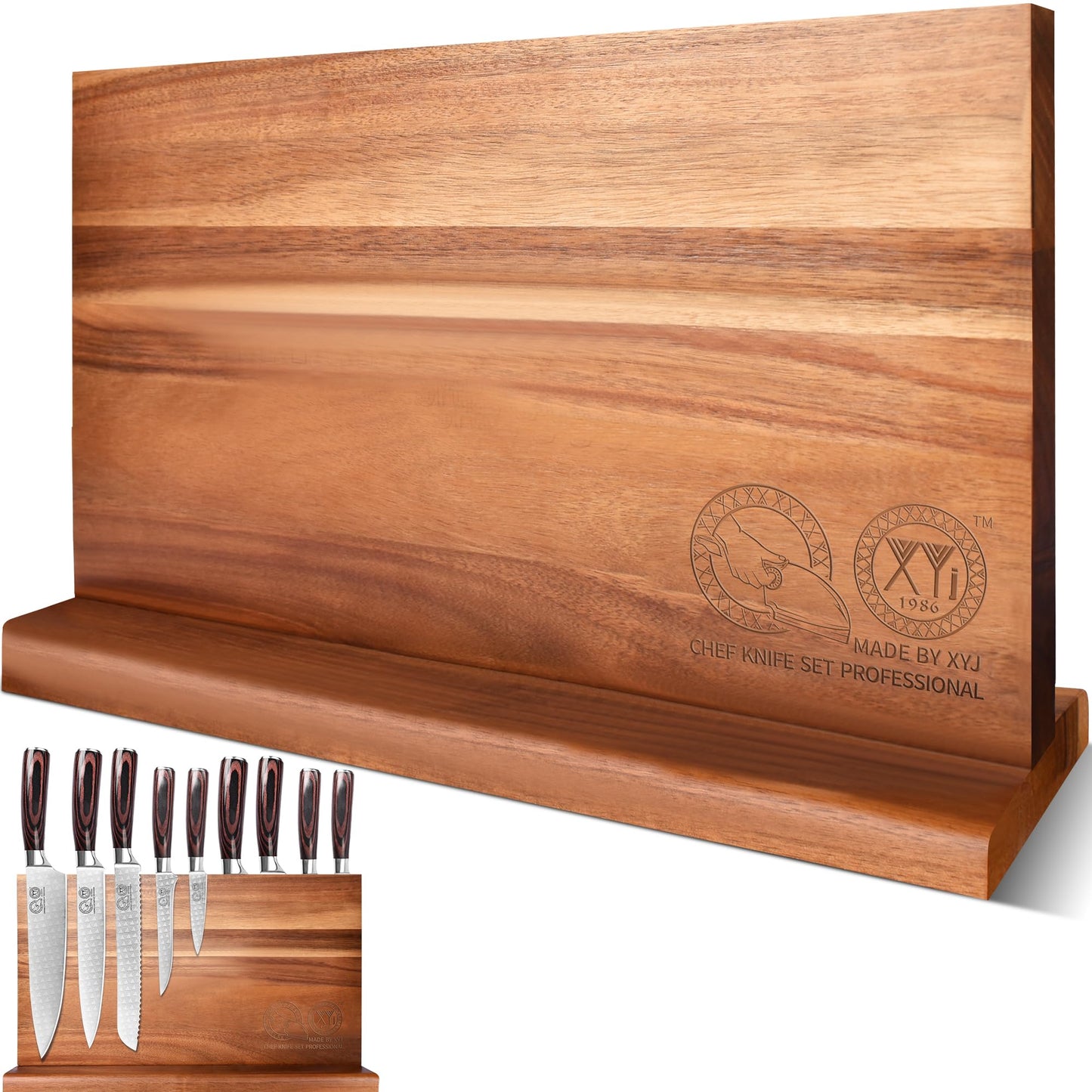 XYJ Extra Large Magnetic Knife Block Acacia Wood Knife Set Holder Stand With Stronge Magnetic Strip Kitchen Knives Storage Rack Organizer Tools No Drilling