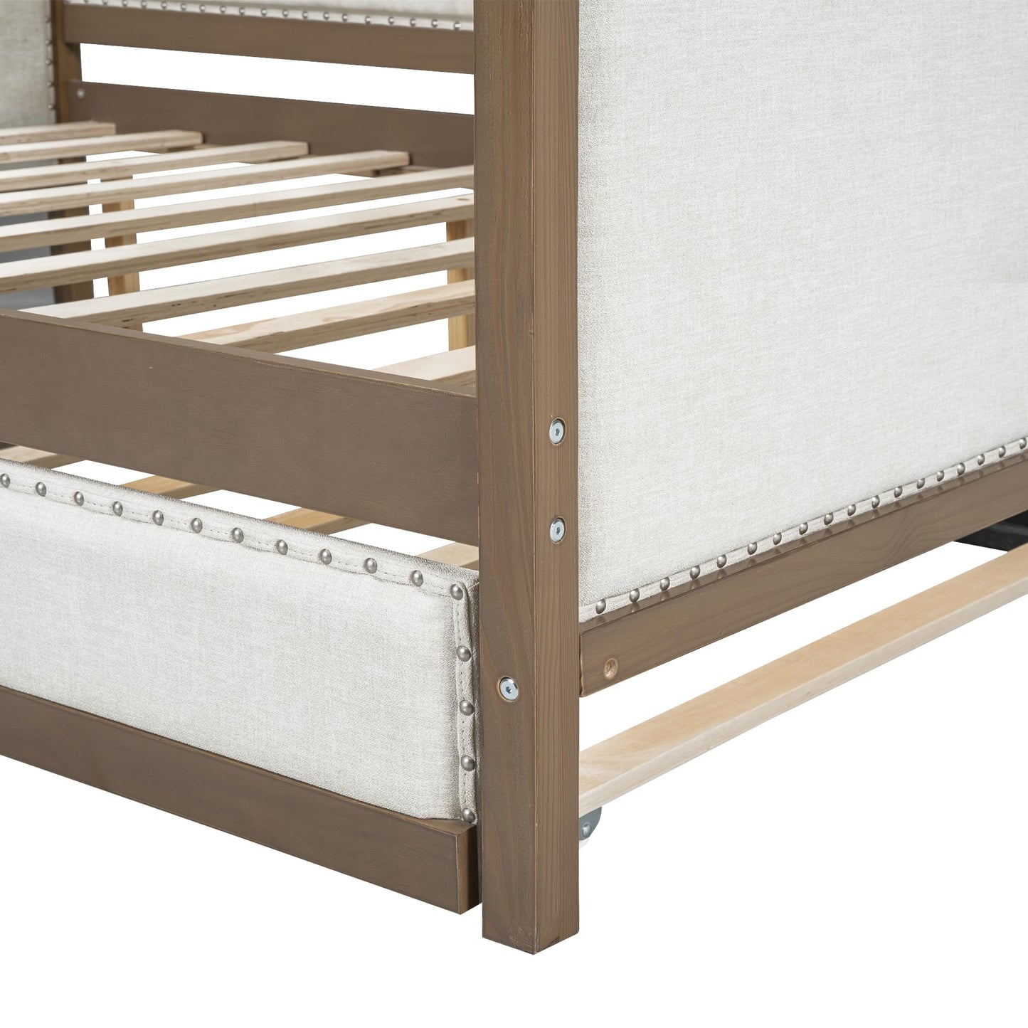 GDFStudio Full Size Upholstered Daybed with Trundle, Linen Sofa Bed with Nailhead Trim, Wood Frame Slat Support, No Box Spring Needed, Space Saving Guest Bed for Bedroom Living Room
