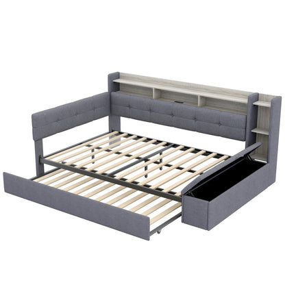 Merax Full Size Upholstered Daybed with Trundle and Storage Drawer, Headboard with Light, Shelves, USB Charging Station, Multi-Functional Bed for Guest Room, Living Room, No Box Spring Needed, Gray