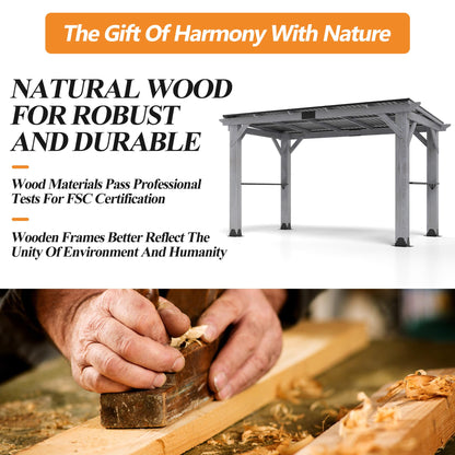 COVERONICS 12.5'x6.5' Outdoor Grill Gazebo - Hardtop Cedar Wood Gazebo with 2 Side Shelves and Galvanized Steel Roof, Patio Wooden BBQ Pergola for Porch, Garden and Backyard
