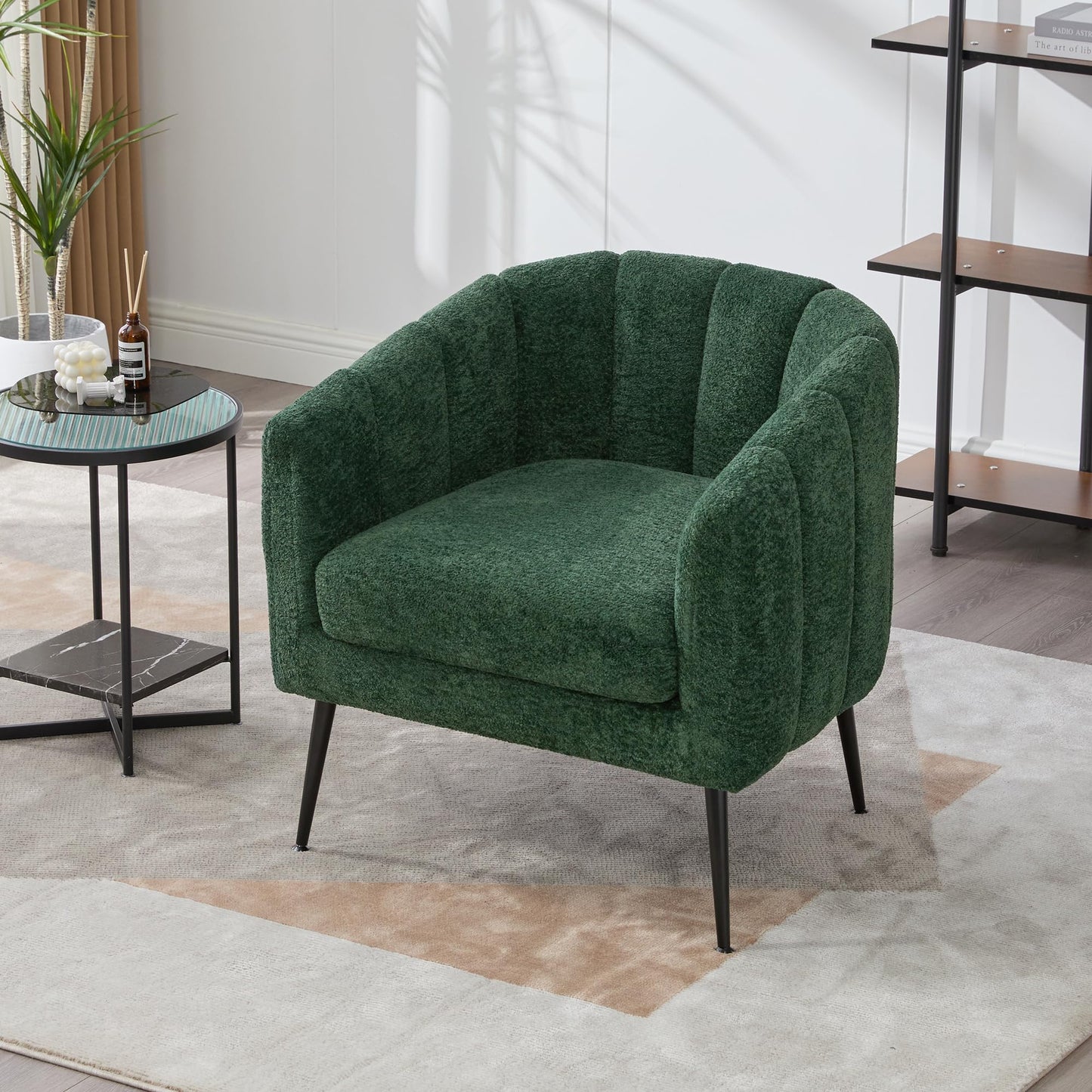 Noble House Home Furnishings Hucdt 29.9'' Boucle Barrel Club Chair, Upholstered Accent Chair, Channel Tufted Armchair, Extra Seating Lounge with Metal Legs, Single Sofa for Living Room Home, Green