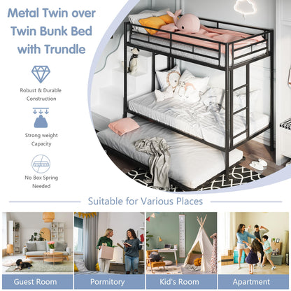 SUNLEI Metal Bunk Beds with Double Secured Ladders, Twin Bunk Bed with Surrounded Safety Guardrails, Space Saver Twin Beds, Noise Free for Small Bedroom, with Trundle Function, Solid Black