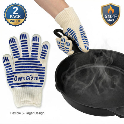 Heat Resistant Oven Gloves - 2 Pack, 540 Degree Professional Grade Oven Mitts with Fingers, Non-Slip Silicone Grip Cooking Gloves for Baking, Grilling, BBQ, Fireplace and Sourdough