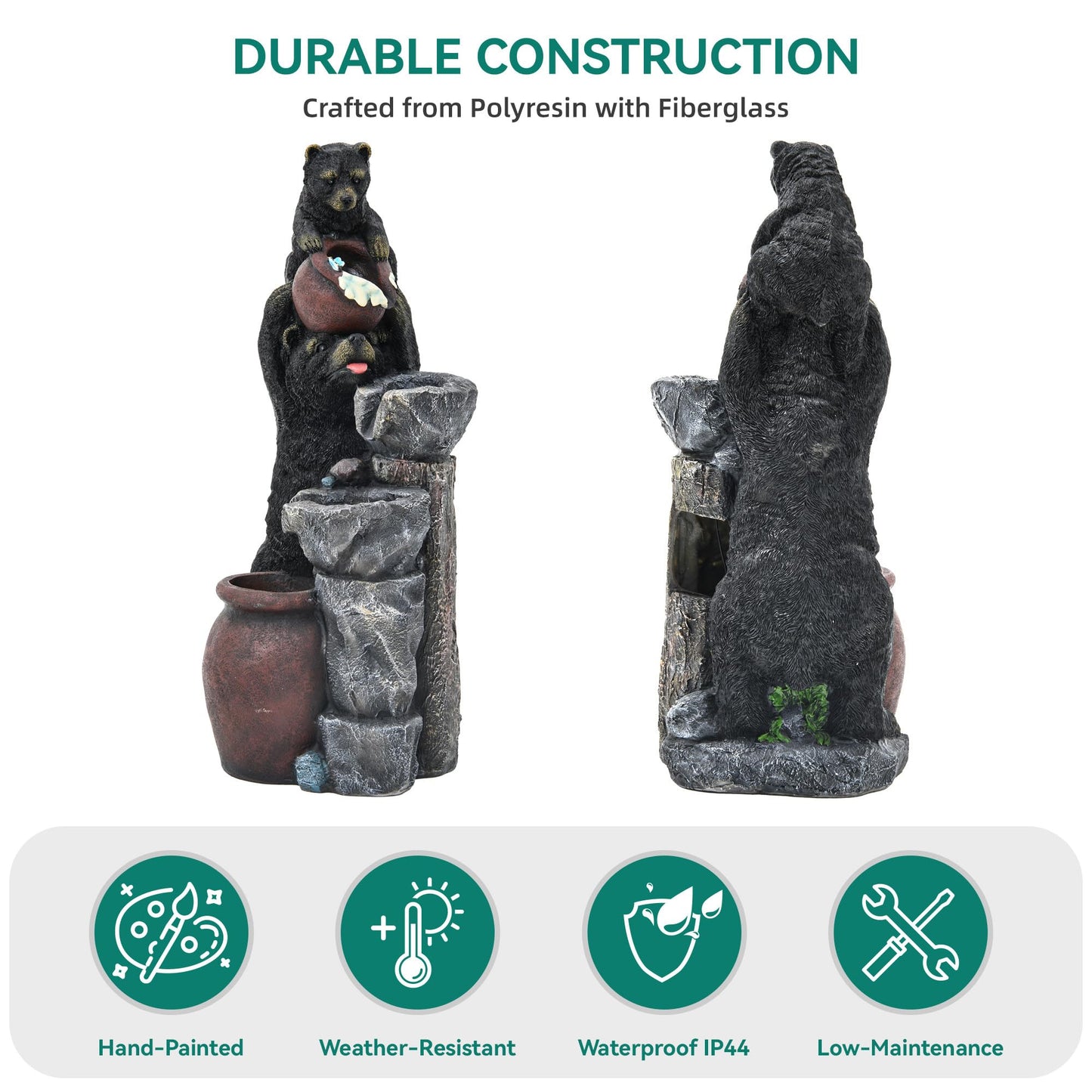 Ultym 37.5" H Resin Playful Twin Bear Fountain Outdoor, Whimsical Multi-Tiered Stone Vessel Water Feature Outdoor with Lights, Soothing Cascading Waterfall for Patio, Backyard, Garden or Porch