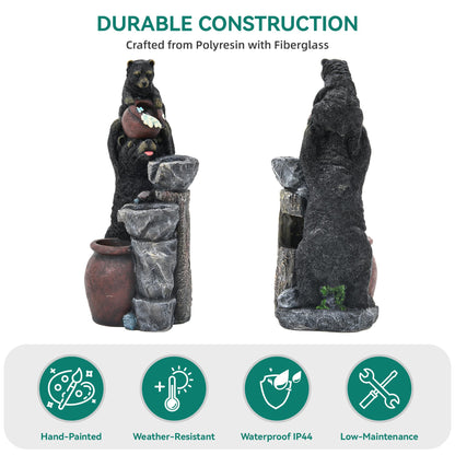 Ultym 37.5" H Resin Playful Twin Bear Fountain Outdoor, Whimsical Multi-Tiered Stone Vessel Water Feature Outdoor with Lights, Soothing Cascading Waterfall for Patio, Backyard, Garden or Porch