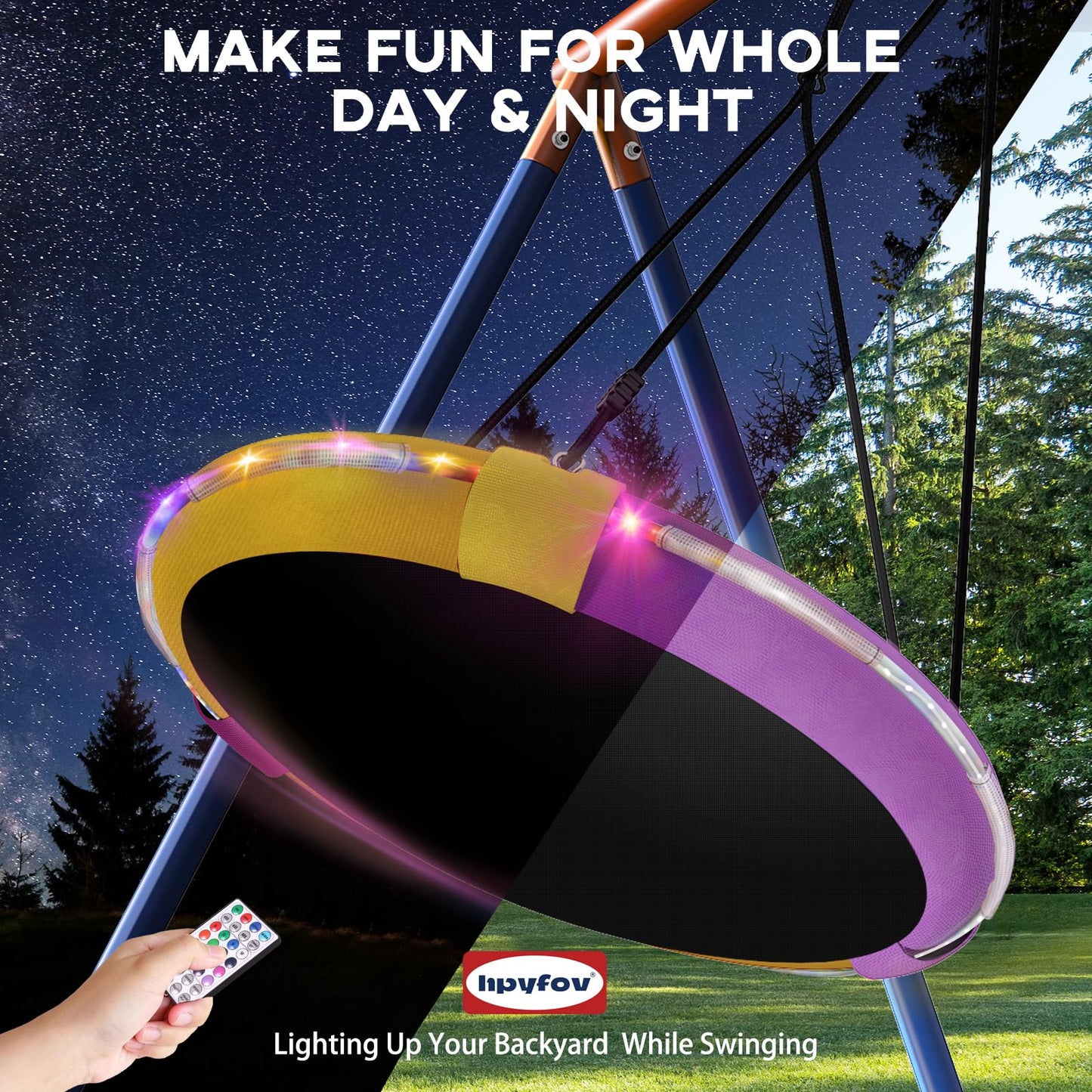 5-in-1 Kids Swing Sets for Backyard with Trampoline, 880lbs Heavy-Duty A-Frame Stand Metal Outdoor with 32 inch Saucer & Belt Swing, 55 inch Trampoline, Basketball Hoop, Led Light & Anchors