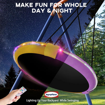 5-in-1 Kids Swing Sets for Backyard with Trampoline, 880lbs Heavy-Duty A-Frame Stand Metal Outdoor with 32 inch Saucer & Belt Swing, 55 inch Trampoline, Basketball Hoop, Led Light & Anchors