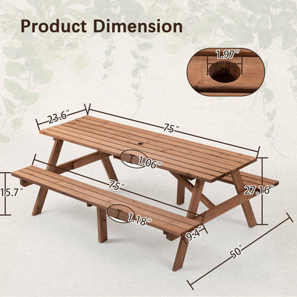 Jaxilyn Picnic Table with Bench for 6-8 Person Outdoor Wooden Rectangle Table for Backyard, Porch, Patio, Deck w/Umbrella Hole -Brown